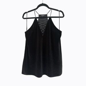 Express Black Velvet Cami Top SzSP Deep V-Neck Criss-Cross Detail Y2K Whimsigoth
